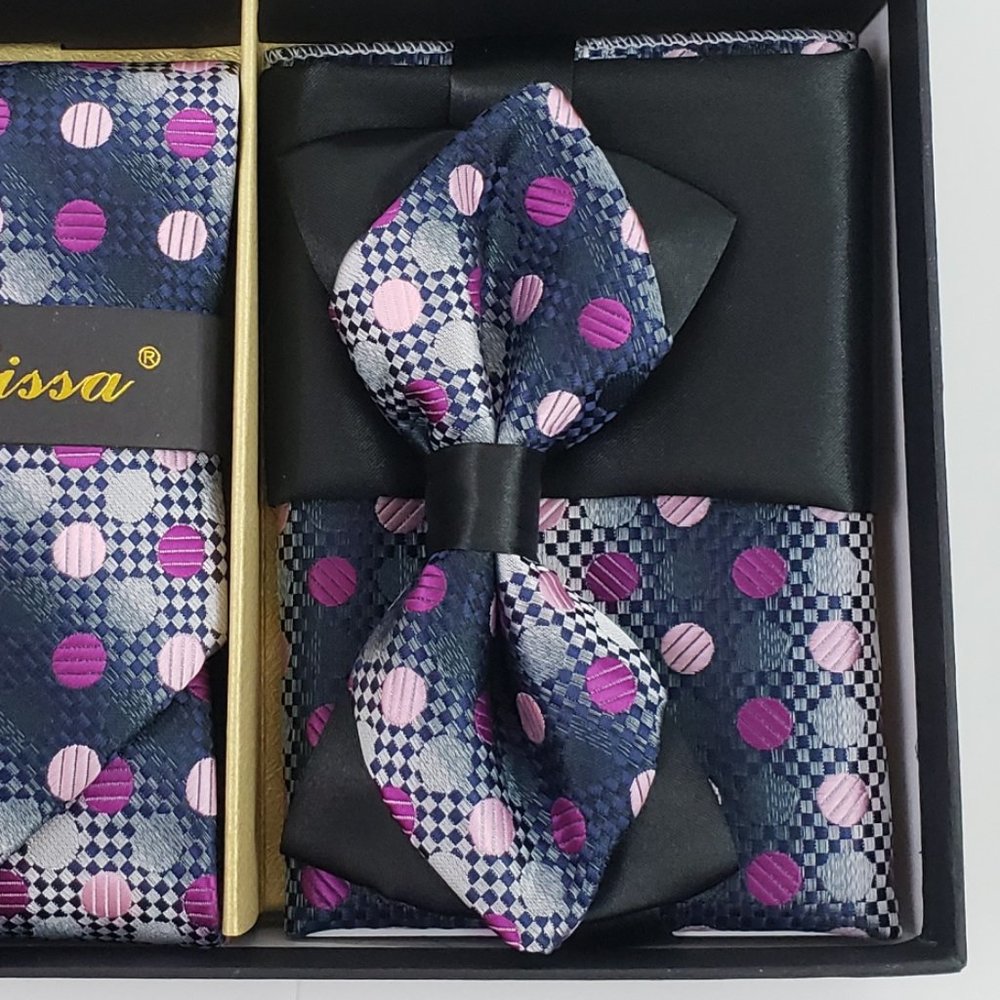 6 Piece Black Purple Silver Necktie & Bow Tie Set - Picture 4 of 6